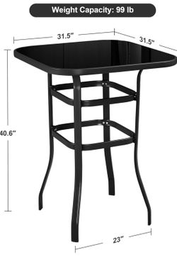 Tempered Glass Patio Bar Table, Tall Height Outdoor Square Bistro Glass Side Table for Balcony, Backyard, Poolside, Black 