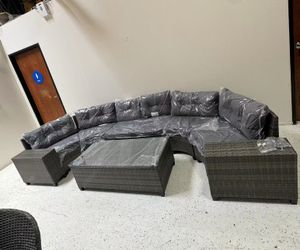  8-pieces Outdoor Wicker Round Sofa Set, Half-Moon Sectional Sets All Weather, Curved Sofa Set With Rectangular Coffee Table, PE Rattan, Movable Cushi