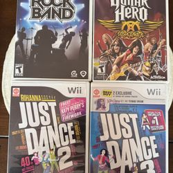 Wii Rock Band, Guitar Hero Aerosmith, Just Dance 2, Just Dance 3 - 4 Game Lot