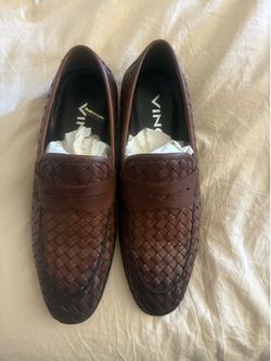 VINCI Leather Men's Brown Woven Leather Penny Loafers Almond Toe Slip-On 9