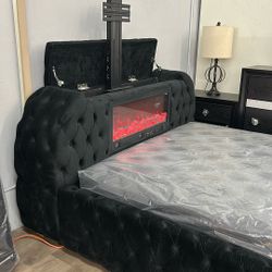 Black Velvet Queen Bed Frame - Speaker And TV  Holder 