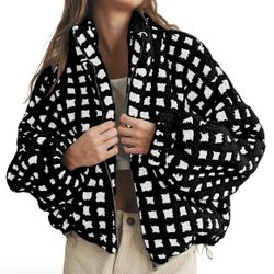 Buenoble Woman’s Long Sleeve Cropped Sherpa Fleece Plaid Jacket Casual, XL