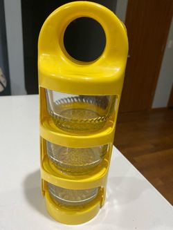 Vintage Yellow Plastic Spice Rack with Glass Jars
