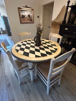 Custom solid wood "Bargain Block" Harlequin Dining Set – Extendable Table & 4 Rush-Seat Chairs