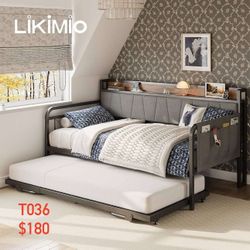 LIKIMIO Daybed with Trundle Bed, Twin Bed Frame with Storage Headboard and Charging Station, Sofa Day Bed with Strong Supports for Living Room, Bedroo