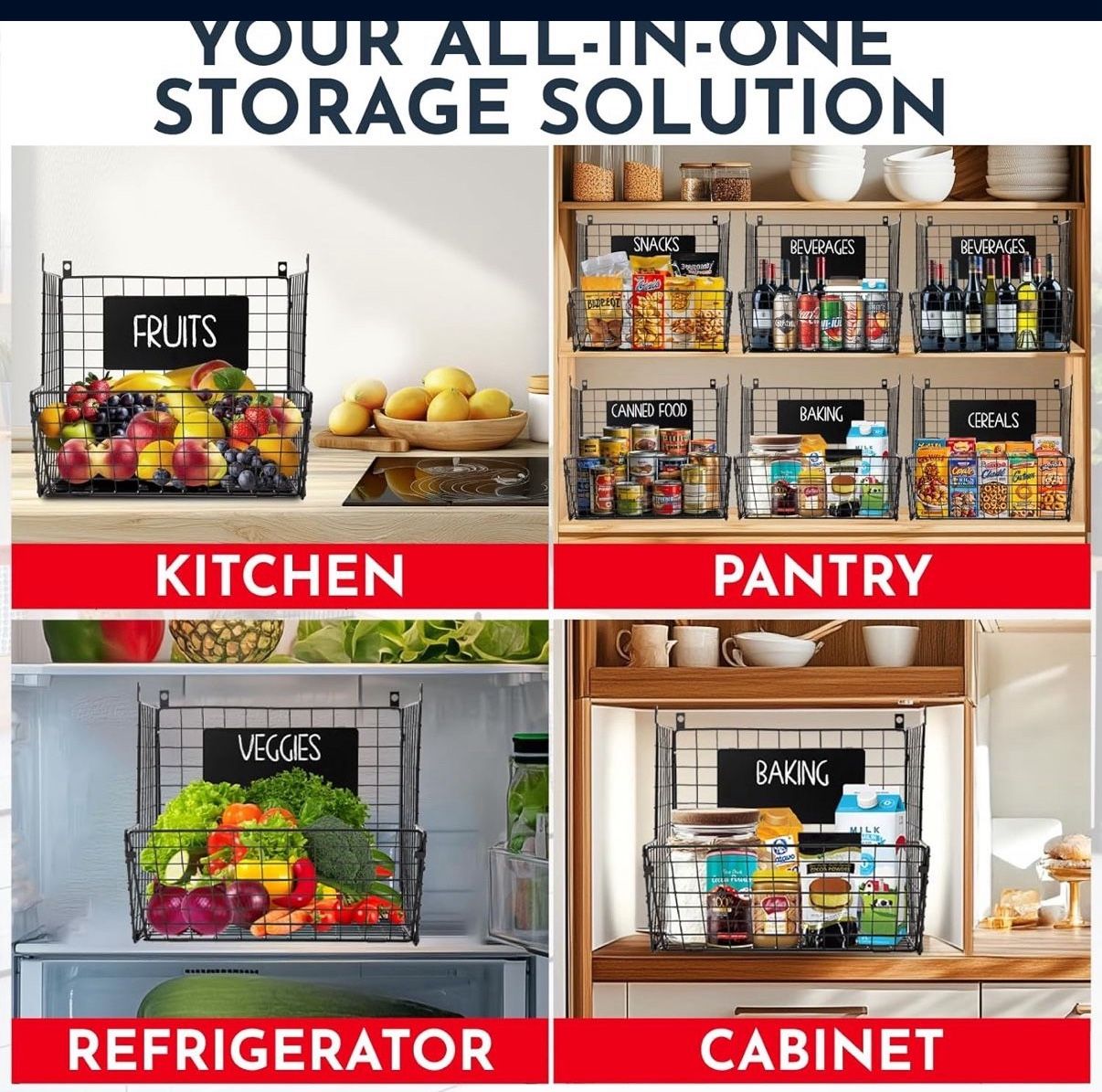 3-Tier XL Wall Hanging Fruit Baskets for Kitchen Organizing Fruits and Vegetables, Heavy-Duty Wall B