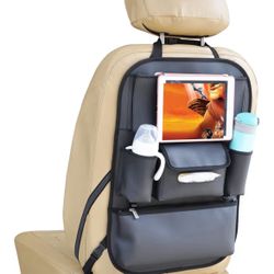 Car Seat Organizers Waterproof Backseat Protector with Storage Pocket Large Leather Kick Mats for Kids Pets Automobile SUV Truck (Black, Large Pocket)