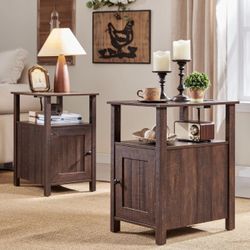New assembled Farmhouse Nightstand Set of 2, End Table with Charging Station, Rustic Side Table w/Barn Door & Open Shelves, Bedside Table w/Storage Sp