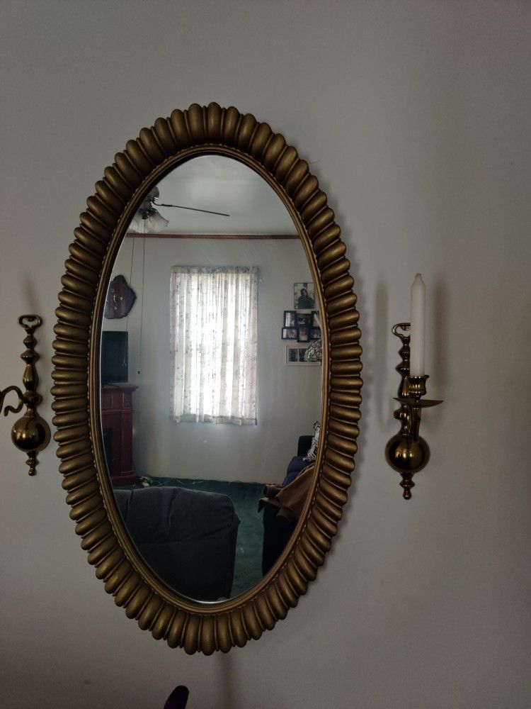 Large Beautiful Gold Mirror With 2 Candle Holder Sconces