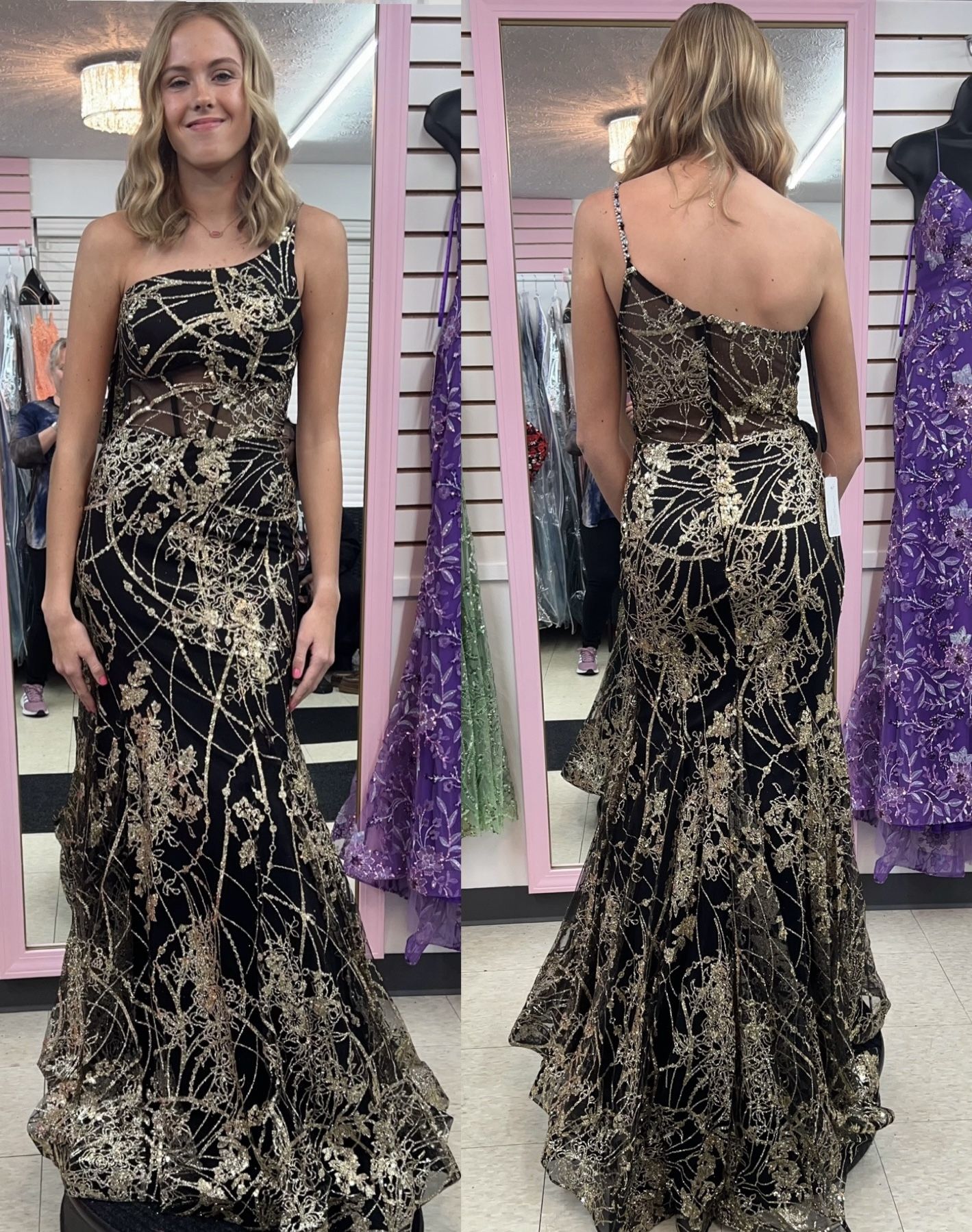 New With Tags Black With Gold Glitter One Shoulder Long Formal Dress & Prom Dress $199