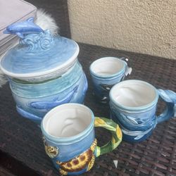 Vintage large Wyland Studios Cookie Jar 1998 dolphin plus 3 mugs