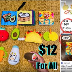$12 Bundle Foodie BAby toys & Books like new,Taco Tuesday set,fabric foodie book,sushi,milk,veggie