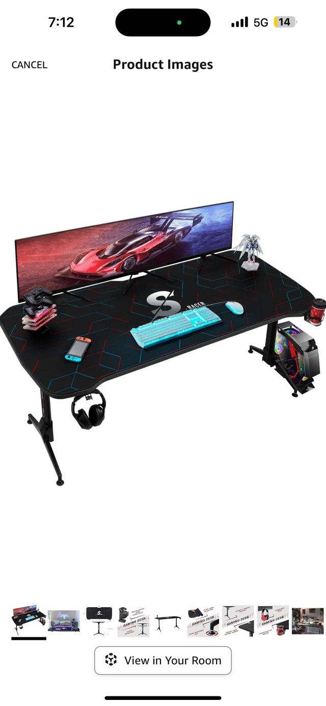 60 Inch Computer Gamer Desk with Full Desk Mouse Pad, Carbon Fiber Surface PC Table Adjustable Height, Gaming Rack, Headphone Hook and Cup Holder(Blac