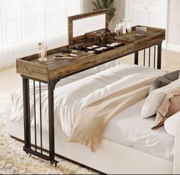 RY0194 78.8-Inch Large Over Bed Table with Wheels, Mobile Computer Desk Makeup Vanity Desk with Stor