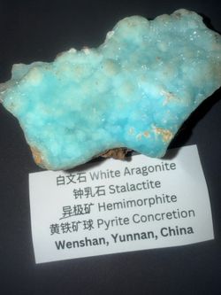 Blue Hemimorphite Stalactite with Aragonite & Pyrite