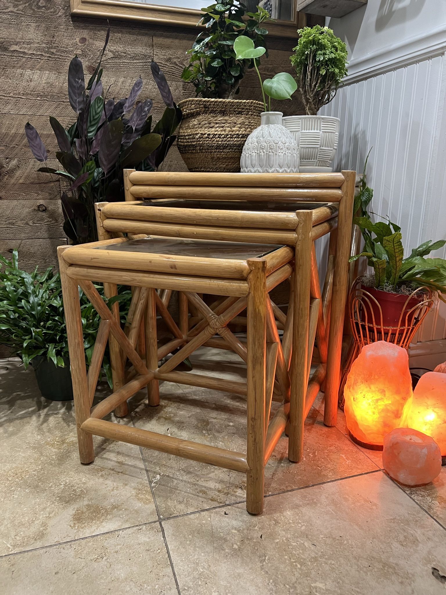 Vintage Set of 3 Nesting Natural Rattan Bentwood Bamboo Glass Side Accent Tables Stacking