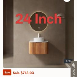 Modern 24" Floating Bathroom Vanity with Striped Curved Drawer & White Round Ceramic Basin, WITHOUT Faucet - Natural Wood