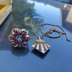 Real Gold Diamond Ruby Ring And Or Necklace Large And Heavy!