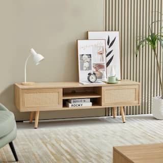 NEWNatural 55.12 in. Rattan TV cabinet, double sliding doors for storage, adjustable shelf, solid wood legs