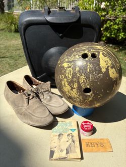 Vintage AMF Strikeline Bowling Ball with Case, Shoes, and Accessories