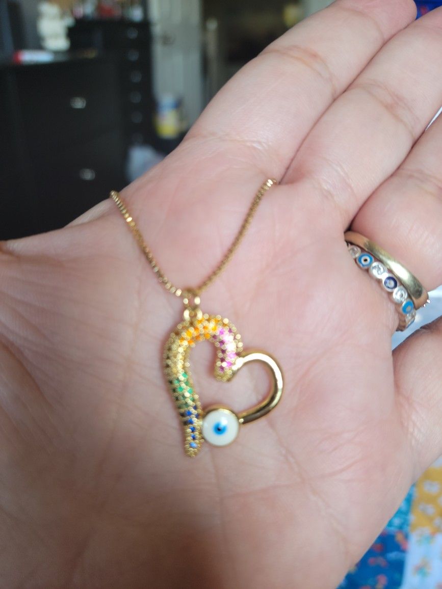 Multi Color Heart Evil Eye Necklace 