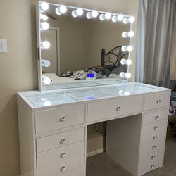 Makeup Vanity Glass Top With Bluetooth Mirror double drawers and dividers