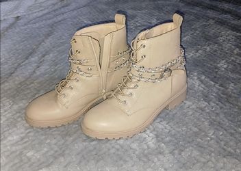 Beige Combat Boots with Silver Chain Detail