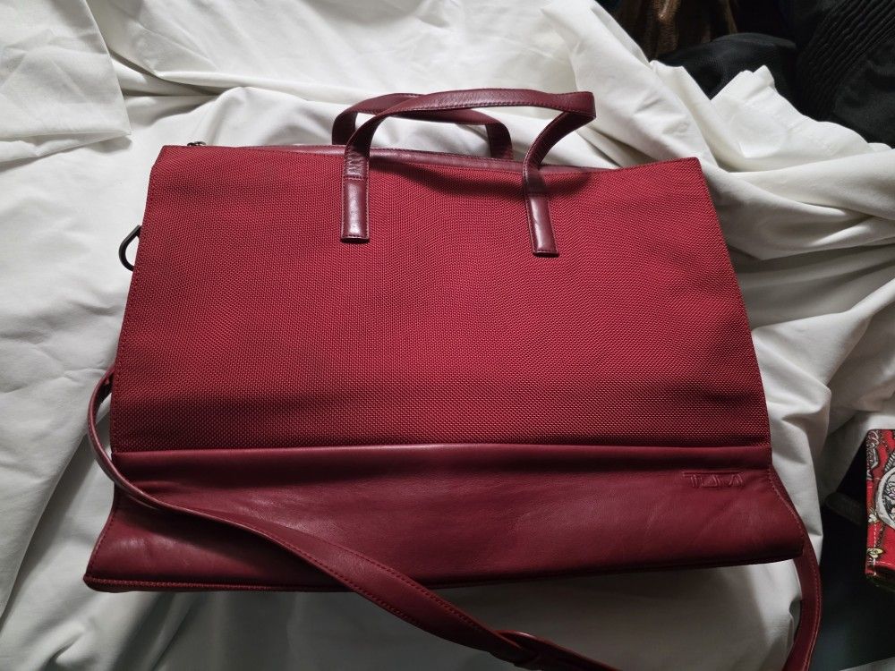 TUMI Red Canvas With Trim Leather Laptop  Bag Crossbody Bag Book Bag Measures 15" X 11" X 4"
