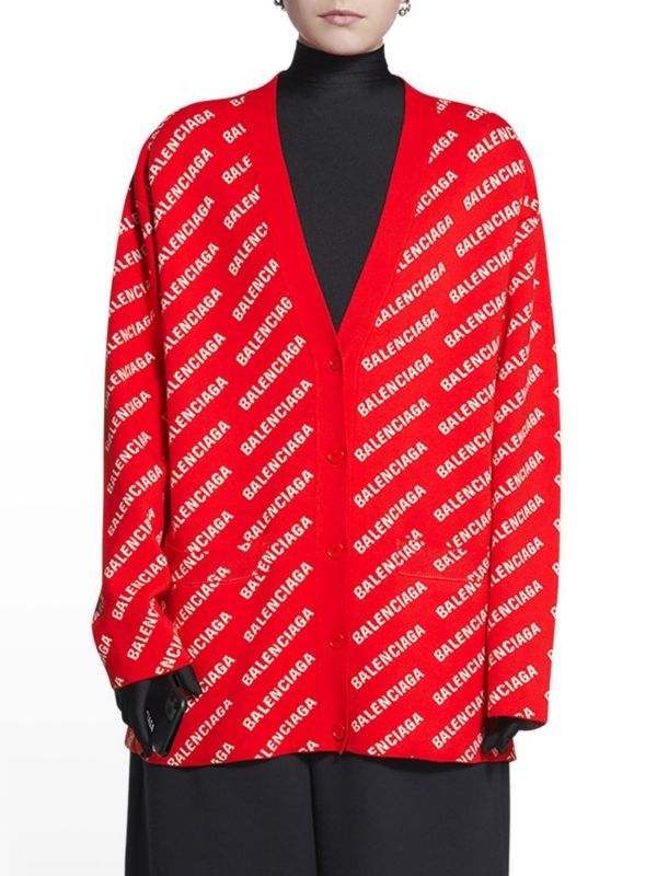 Balenciaga 1 S M Red Cardigan Mini Logo Allover Print Knit Sweater Off White UNISEX
