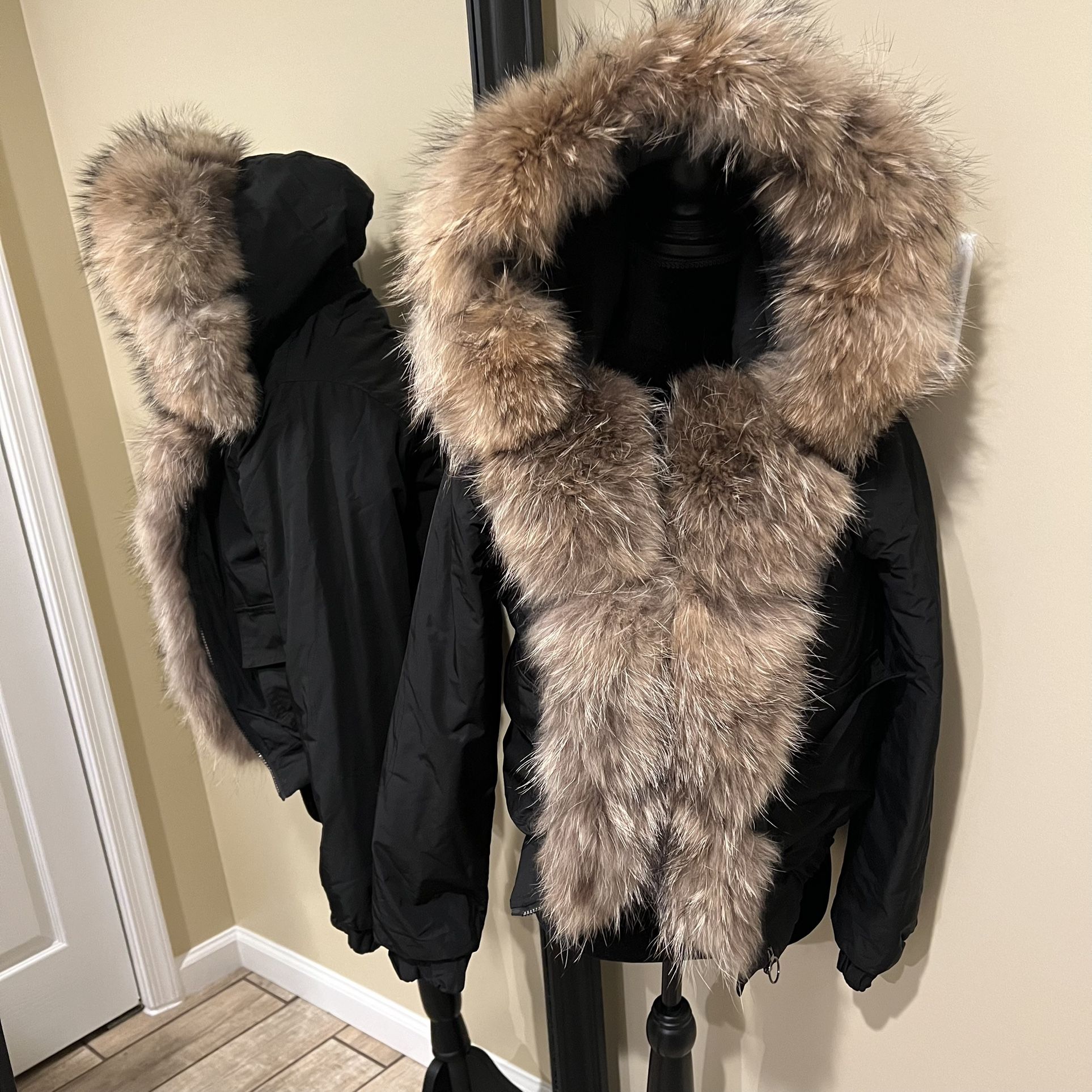 Crop bomber Jacket Parka coat raccoon fur trench winter jacket lined hooded warm