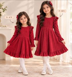 Matching Sister Red Ribbed Pearl Ruffle Dresses (3-4Y & 7-8Y Set)
