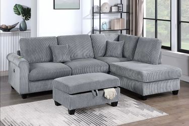 Brand New Grey Corduroy Sectional Sofa w Storage Ottoman
