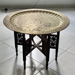 Moroccan Hand-Carved Brass Coffee End Table Mesa – Solid Wood Base