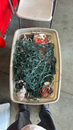 Bin of Christmas Lights and Holiday Decor