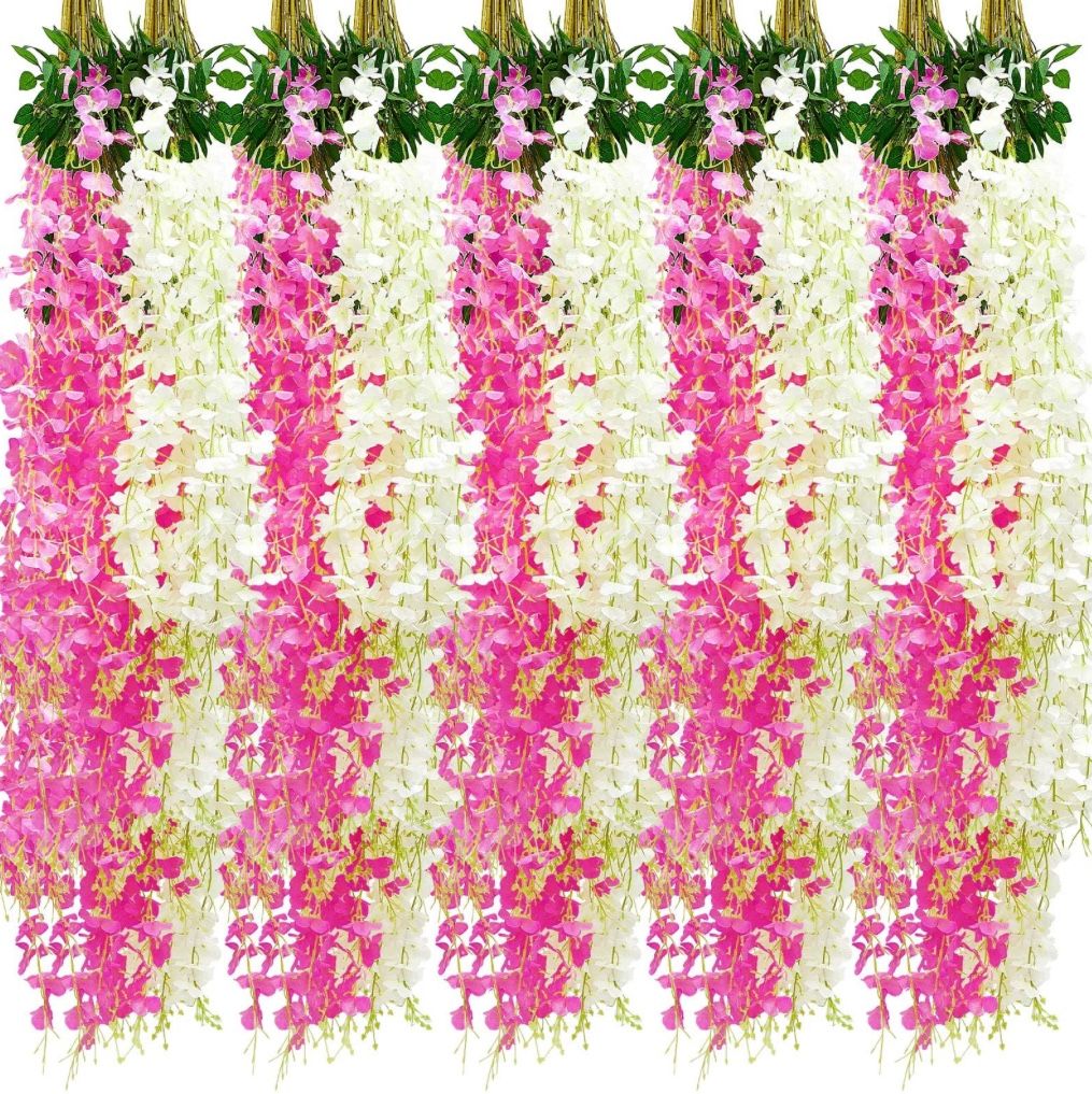 Giegxin 24 Pcs Artificial Wisteria Hanging Flowers 3.6 Ft Artificial Fake Wisteria Vine Rattan Hanging Garland Silk Flowers String For Wall Home Weddi