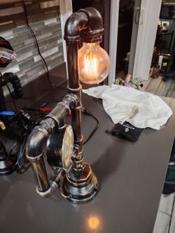 Metal iron pipe desk light with clock bedroom home art decor