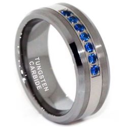 100% TUNGSTEN CARBIDE ring with BLUE ZIRCON STONES