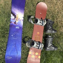 Two Snow Boards, Bag, And Size 11 Boots