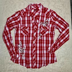 Western Pearl Snap Shirt Red Plaid Long Sleeve size large women’s Panbandle Slim