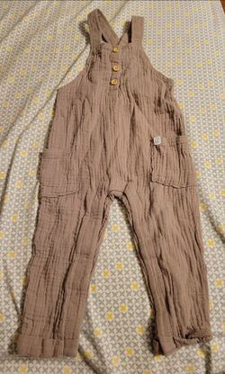 Tan Gauze Kids Overalls with Pocket Details