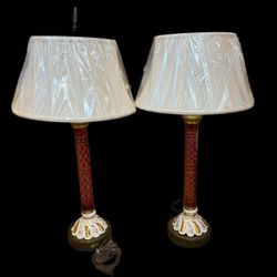 Vintage Cranberry Red Cut To Clear Glass Lamp Metal Base Bohemian Boho with Shade 