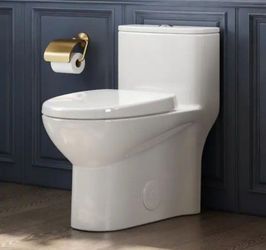 Hanikes 1-Piece 1.1/1.6 GPF Dual Flush Compact Elongated WaterSense Toilet in White Soft Close Seat Included