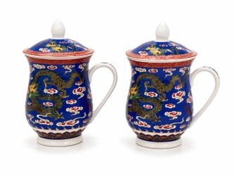 Pair of Vintage Chinese Blue Porcelain Lidded Dragon Tea Cups