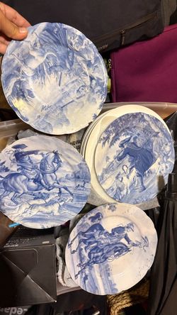 Vintage Limoges France Blue & White Hunting Plates – Set of 4