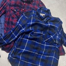 2 ( TWO ) Quality Flannel Plaid Red Blue Button Up Tops Shirts SZ Small Junior