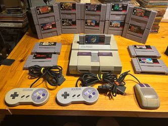 Super Nintendo SNES large bundle, console 15 games 2 controllers mouse all wires AUTHENTIC TESTED