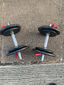 adjustable cast iron dumbbells with red star-lock collars.