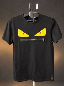 Fendi Bag Bugs Monster Eyes Black T-Shirt Yellow Leather Eyes Zip Pocket XL