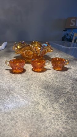 Vintage Marigold Carnival Glass Bowl , 3 Cups