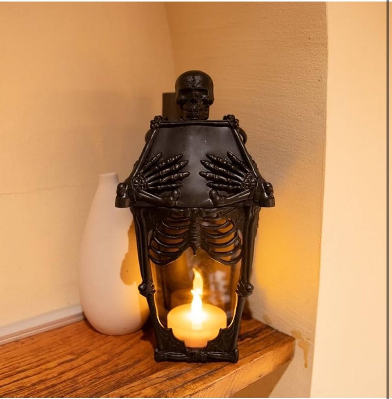 Halloween Skeleton Lantern, White Gothic Decorative Candle Holder with LED Light, Indoor Spooky Decor for Home (Black, 5 * 5 * 10 in)